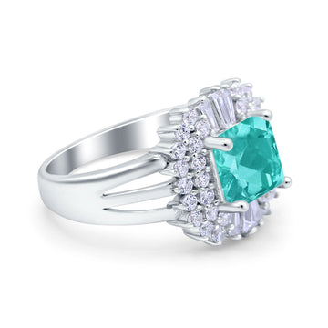Cushion Cut Art Deco Wedding Ring Simulated Paraiba Tourmaline CZ 925 Sterling Silver